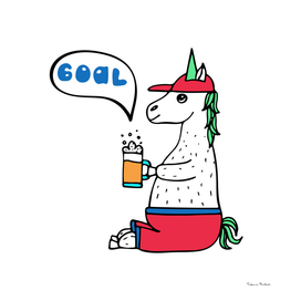 Lovely hand-drawn unicorn-football fan with a glass of beer.