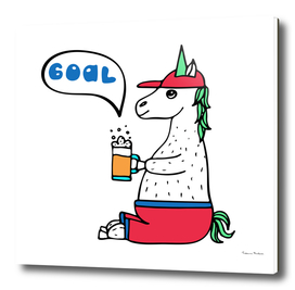 Lovely hand-drawn unicorn-football fan with a glass of beer.