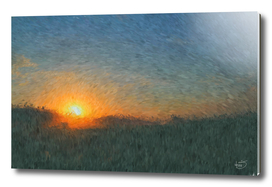 Beautiful sunset in misty foggy field impressionist painting