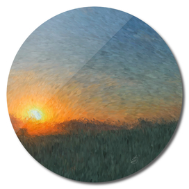 Beautiful sunset in misty foggy field impressionist painting