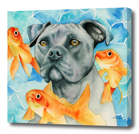 Guardian | Pit Bull Dog and Goldfishes Watercolor Painting