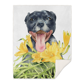 Joy | Pit Bull Dog and Daylily Watercolor Painting