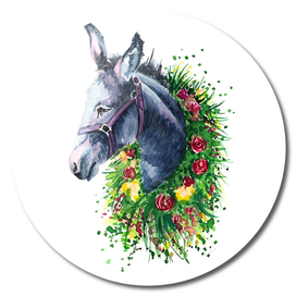 watercolor donkey in a flower wreath