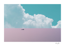 Abstract minimalist scenic view of calm sea with boat