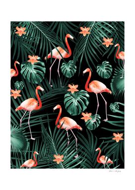 Tropical Flamingo Floral Night Pattern #1