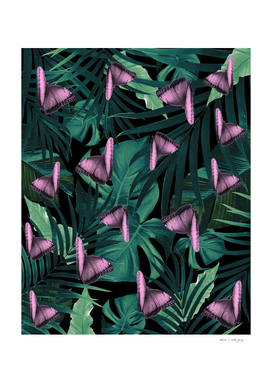 Tropical Butterfly Jungle Night Leaves Pattern #1