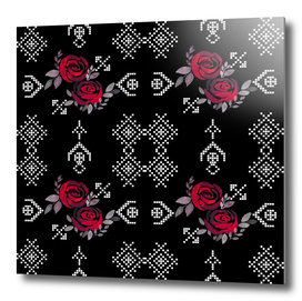 Watercolor red roses on black cross stitches background