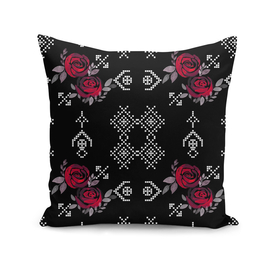 Watercolor red roses on black cross stitches background