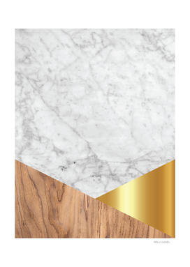 Geometric White Marble - Wood & Gold #884