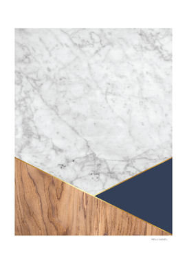 Geometric White Marble - Wood & Navy #599