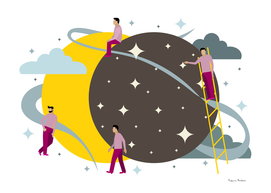 illustration with little men for a solar eclipse.