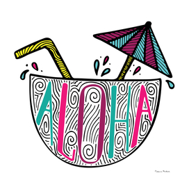 Illustration of a cocktail in a coco with a lettering.