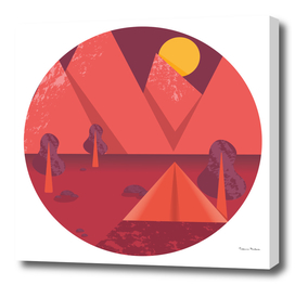 Vector poster with a mountain landscape and a tent.