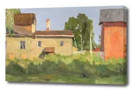 Landscape with building and the cat (oil painting)