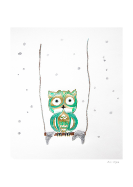 Owl Fun #1 #mint #green #gold #drawing #decor #art
