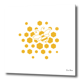 Bee, honeycombs and yellow splash