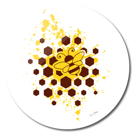 Bee, honeycombs and yellow splash