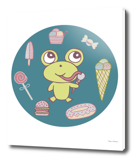 Funny hand-drawn frog the sweet tooth with ice cream