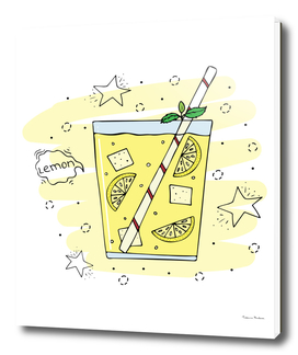 Hand-drawn lemonade in a glass with segments of a lemon