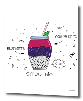 Smoothie with chia seeds, raspberry, and blueberry.