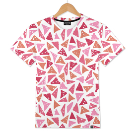 Pattern with hand-drawn triangles of pink shades.