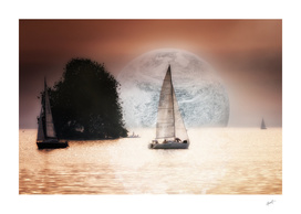 The sailing boat on the lake