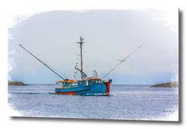 Blue Shrimp Boat on Grey Day in Oil