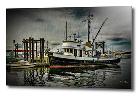 Old Fishing Trawler at Dock in Rain
