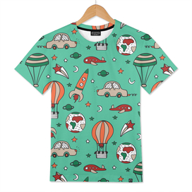 The seamless pattern with a car, a rocket, and balloons.