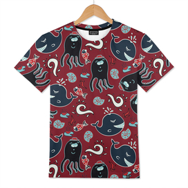 Dark seamless pattern with an octopus and fishes.