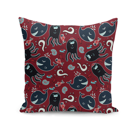Dark seamless pattern with an octopus and fishes.