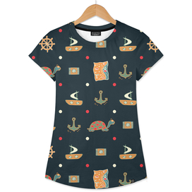 Dark blue seamless pattern with turtles and the ships.