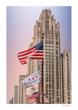 American Flags by Chicago Tower at Dusk