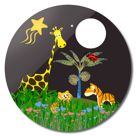 Giraffe, Tiger, Lion & White Moon