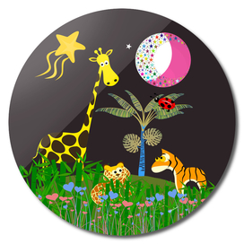 Giraffe, Tiger, Lion & Pink & White Moon