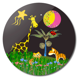 Giraffe, Tiger, Lion & Pink & Yellow Moon
