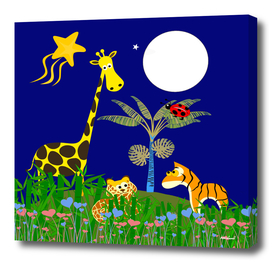 Giraffe, Tiger, Lion & White Moon on Blue Background