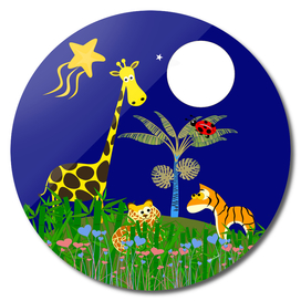 Giraffe, Tiger, Lion & White Moon on Blue Background