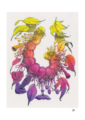 Caterpillar, Mushrooms & Leaves - Watercolor Illustration