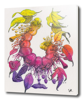 Caterpillar, Mushrooms & Leaves - Watercolor Illustration