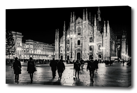 Black and White Duomo Piazza Night Scene, Milan City,