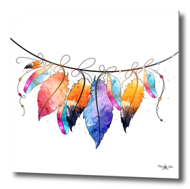 Colorful Watercolor Feathers On String
