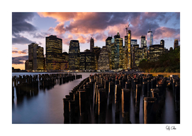 Brooklyn Pylons with Lower Manhattan Skyline at sunset