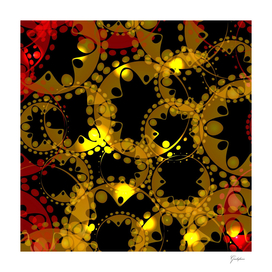 abstract glowing pattern of gears and spheres in red gold