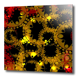 abstract glowing pattern of gears and spheres in red gold