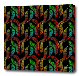 Neon feathers and leaves on a black background.