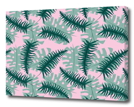 Seamless tropical pattern with flowers and monstera leaves.