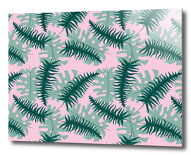 Seamless tropical pattern with flowers and monstera leaves.