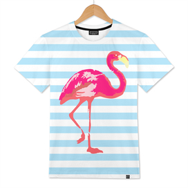 Flamingo, tropical summer poster, blue stripes