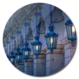 Blue Lamps on Columns at Night